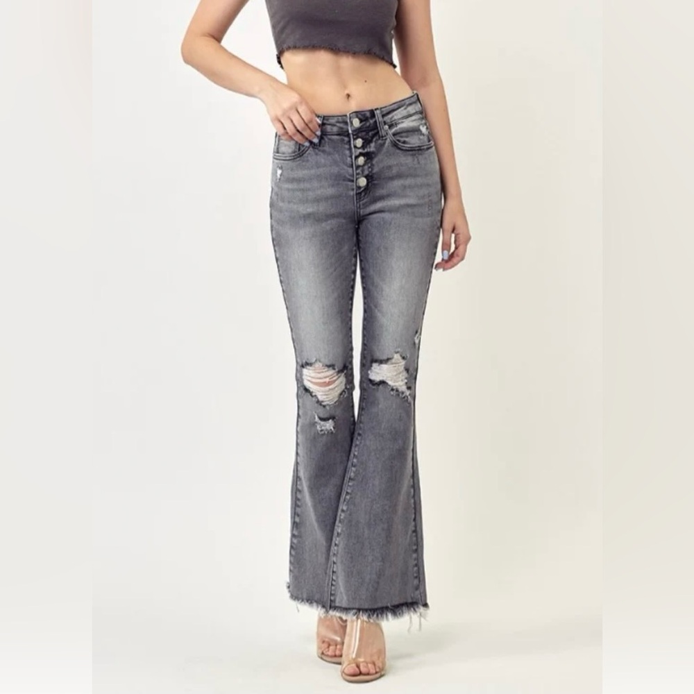 NWT Risen Mid Rise Distressed Button Fly Flare Jeans. Size 1X